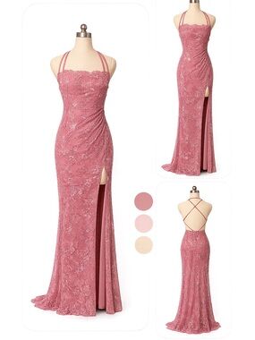 MAJORELLE Dusty Rose Lace Halter Gown with Side Slit